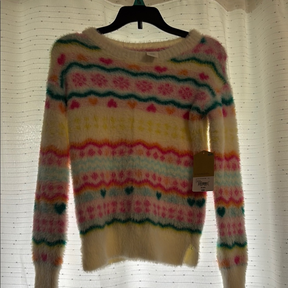 White and Pink Crew Neck Sweater with Nordic Patterns